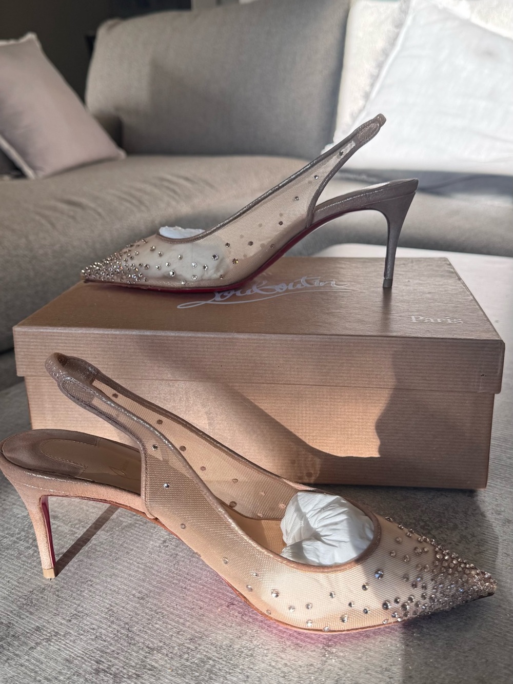 Christian Louboutin Champagne Mesh Crystal Pointed Slingbacks
